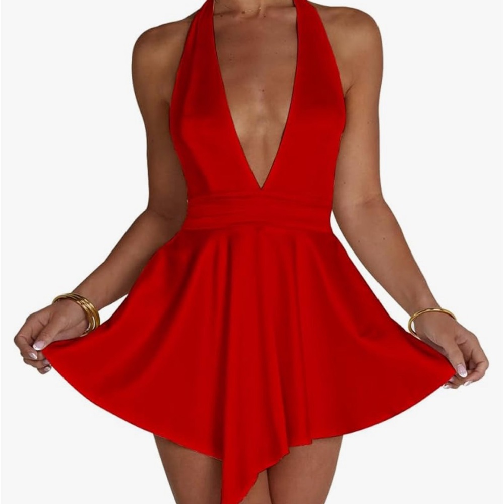 Lufeng NWT L SEXY SILKY DEEP V BACKLESS HALTER SHARK BITE HEM MINI DRESS